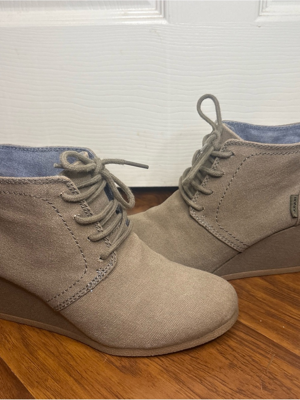 BONGO Taupe Canvas Lace-Up Wedge Booties